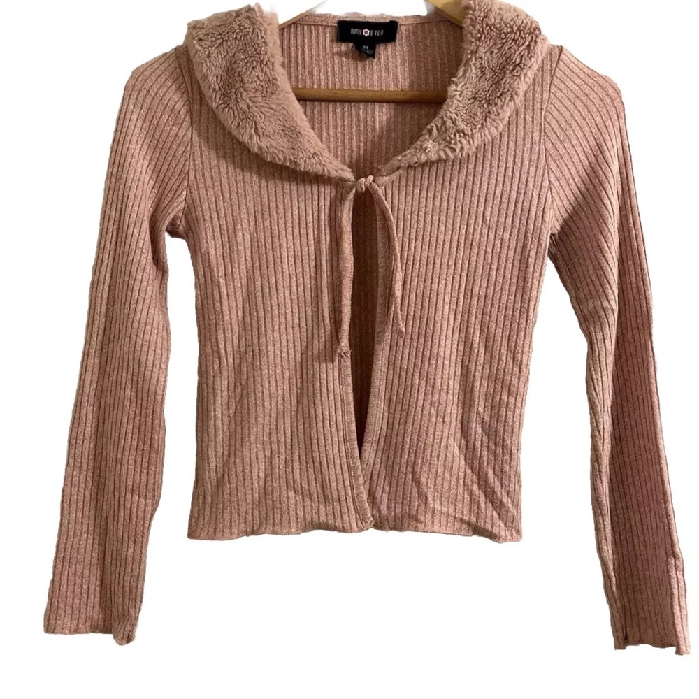 Amy Byer Cardigan Faux Fur Collar Mauve Sweater Size Medium Soft  Long Slv Youth
